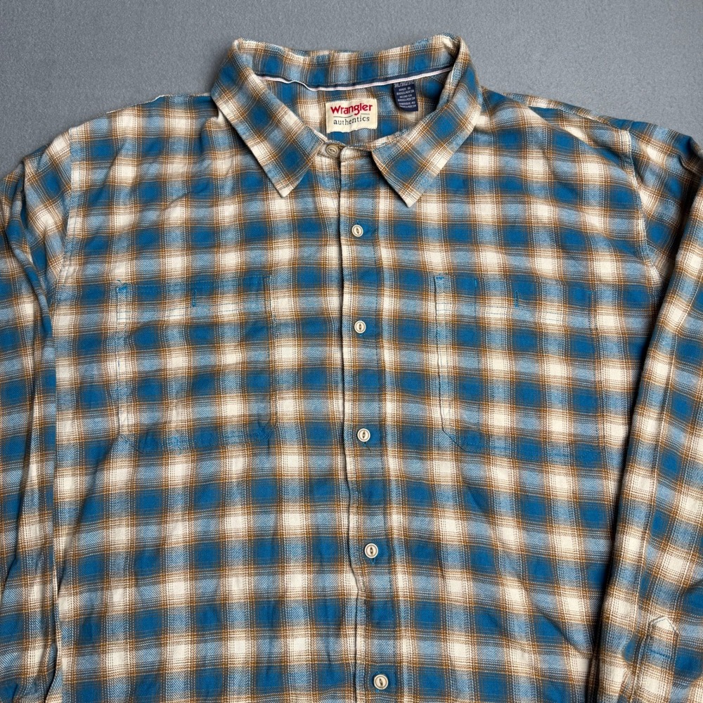 Wrangler Authentics Mens 3XL Blue Brown Plaid Long Sleeve Flannel Shirt